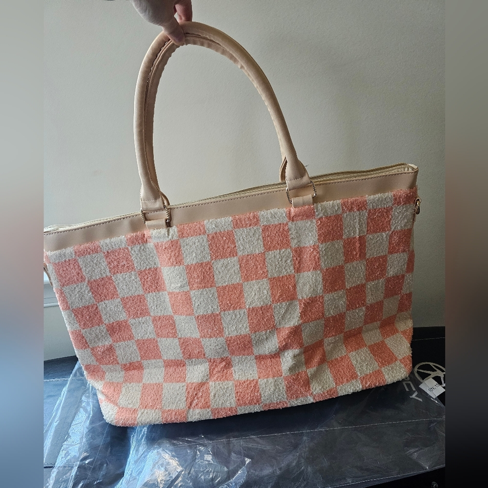 Checkered Orange and Cream Fuzzy Tote Bag